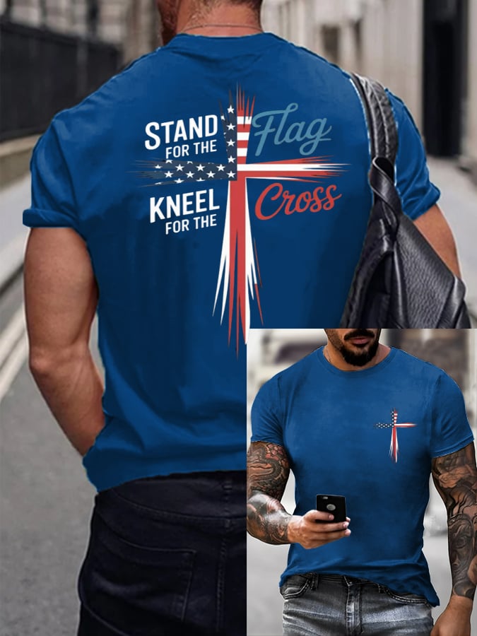 🔥Hot Sale Picks 🔥Men's Stand For Flag Kneel For The Cross Print T-Shirt